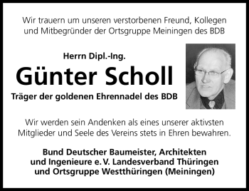 Traueranzeige von Günter Scholl von Südthüringer Presse