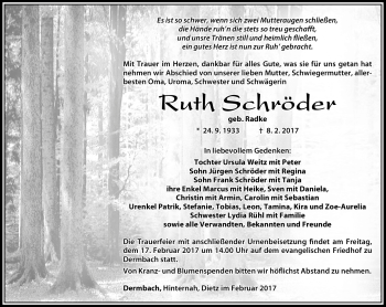 Traueranzeige von Ruth Schröder von Südthüringer Presse