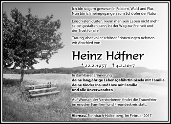 Traueranzeige von Heinz Häfner von Südthüringer Presse