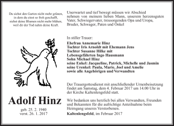 Traueranzeige von Adolf Hinz von Südthüringer Presse