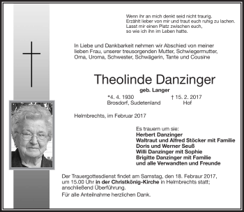 Traueranzeige von Theolinde Danzinger von Frankenpost