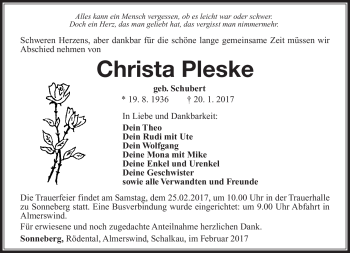 Traueranzeige von Christa Pleske von Südthüringer Presse