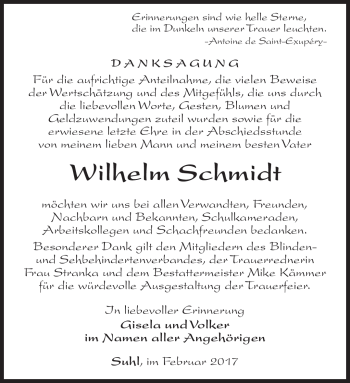 Traueranzeige von Wilhelm Schmidt von Südthüringer Presse