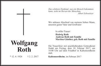 Traueranzeige von Wolfgang Roth von Südthüringer Presse