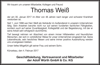 Traueranzeige von Thomas Weiß von Frankenpost