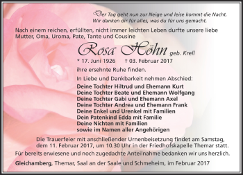 Traueranzeige von Rosa Höhn von Südthüringer Presse