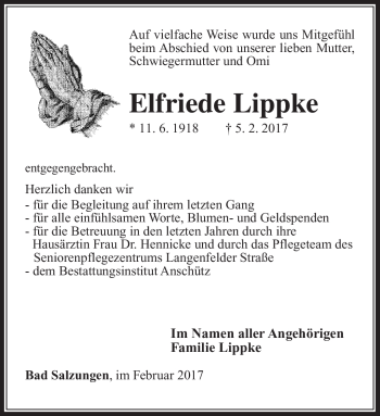 Traueranzeige von Elfriede Lippke von Südthüringer Presse