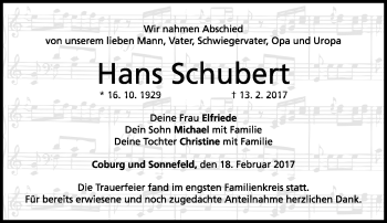 Traueranzeige von Hans Schubert von Neue Presse Coburg