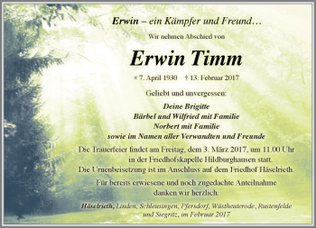 Traueranzeige von Erwin Timm von Südthüringer Presse