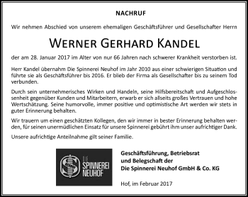 Traueranzeige von Werner Kandel von Frankenpost