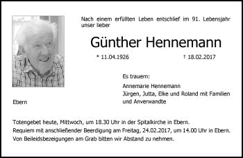 Traueranzeige von Güther Hennemann von Neue Presse Coburg