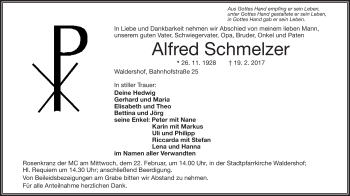 Traueranzeige von Alfred Schmelzer von Frankenpost