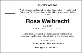 Traueranzeige von Rosa Weibrecht von Südthüringer Presse