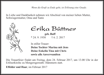 Traueranzeige von Erika Büttner von Südthüringer Presse