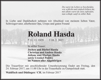 Traueranzeige von Roland Hasda von Südthüringer Presse