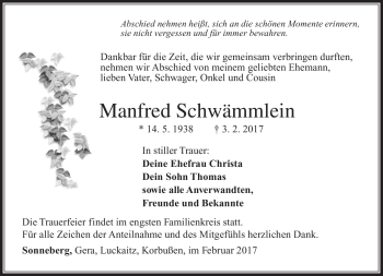 Traueranzeige von Manfred Schwämmlein von Südthüringer Presse