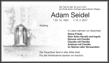 Traueranzeige von Adam Seidel von Frankenpost