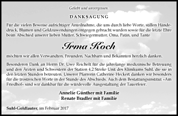 Traueranzeige von Irma Koch von Südthüringer Presse