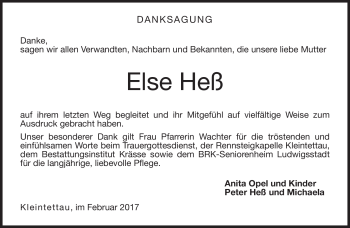 Traueranzeige von Else Heß von Neue Presse Coburg