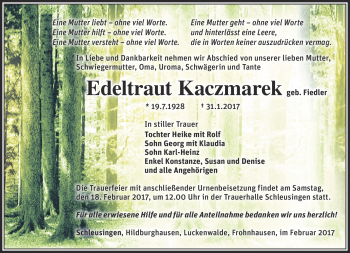 Traueranzeige von Edeltraut Kaczmarek von Südthüringer Presse