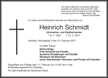 Traueranzeige von Heinrich Schmidt von Frankenpost