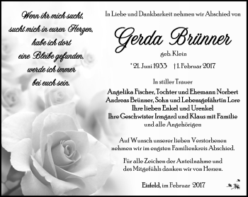 Traueranzeige von Gerda Brünner von Südthüringer Presse