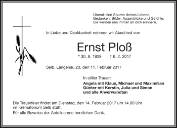 Traueranzeige von Ernst Ploß von Frankenpost