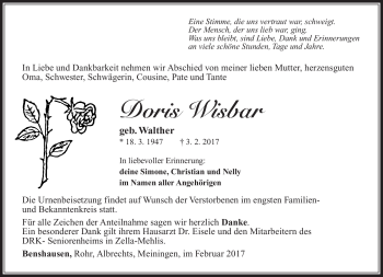 Traueranzeige von Doris Wisbar von Südthüringer Presse