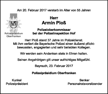 Traueranzeige von Armin Ploß von Frankenpost