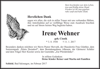 Traueranzeige von Irene Wehner von Südthüringer Presse