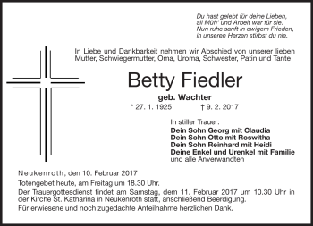 Traueranzeige von Betty Fiedler von Neue Presse Coburg