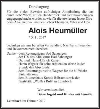 Traueranzeige von Alois Heumüller von Südthüringer Presse