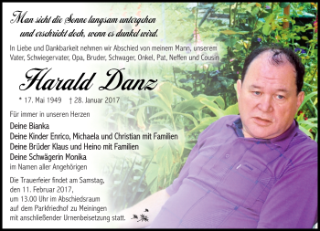 Traueranzeige von Harald Danz von Südthüringer Presse