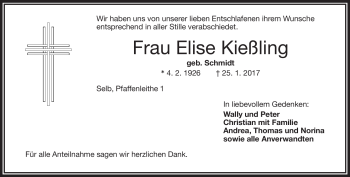 Traueranzeige von Elise Kießling von Frankenpost
