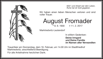 Traueranzeige von August Fromader von Frankenpost