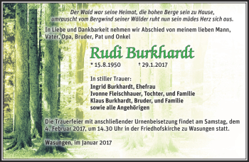 Traueranzeige von Rudi Burkhardt von Südthüringer Presse