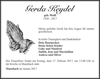 Traueranzeige von Gerda Keydel von Südthüringer Presse