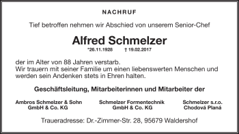 Traueranzeige von Alfred Schmelzer von Frankenpost