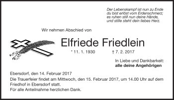 Traueranzeige von Elfriede Friedlein von Neue Presse Coburg