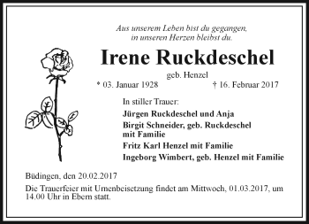 Traueranzeige von Irene Ruckdeschel von Neue Presse Coburg