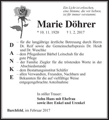 Traueranzeige von Marie Döhrer von Südthüringer Presse