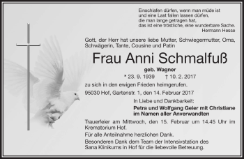 Traueranzeige von Anni Schmalfuß von Frankenpost