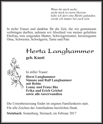 Traueranzeige von Herta Langhammer von Südthüringer Presse