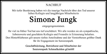Traueranzeige von Simone Jungk von Südthüringer Presse