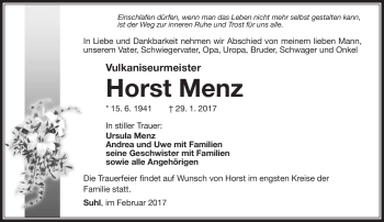 Traueranzeige von Horst Menz von Südthüringer Presse