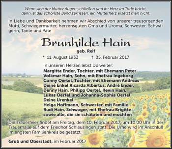 Traueranzeige von Brunhilde Hain von Südthüringer Presse