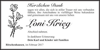 Traueranzeige von Loni Krieg von Südthüringer Presse