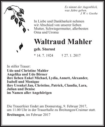 Traueranzeige von Waltraud Mahler von Südthüringer Presse