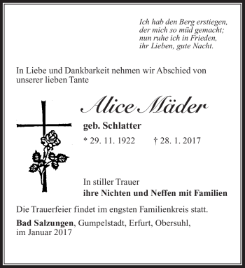 Traueranzeige von Alice Mäder von Südthüringer Presse
