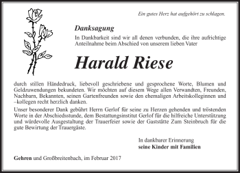 Traueranzeige von Harald Riese von Südthüringer Presse